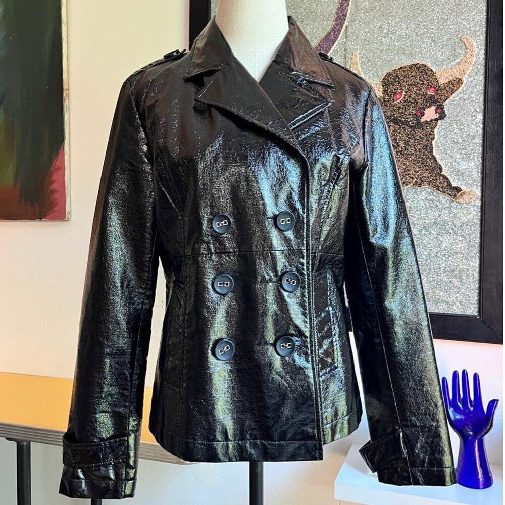 Vintage Y2K Black Vinyl Jacket | Double Breasted Moto | Cropped Tailored Fit | S